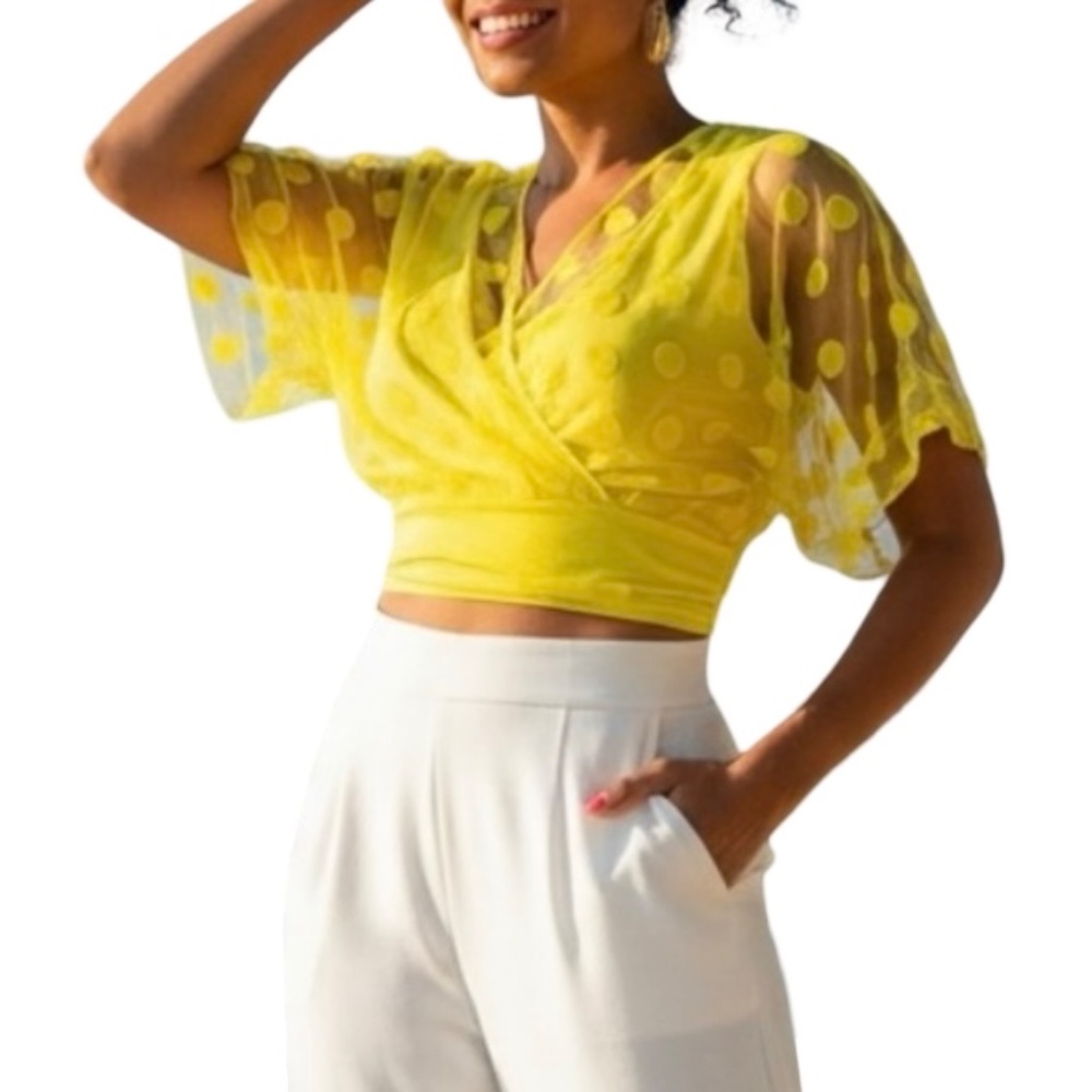 # A088  FT INC  Vintage Yellow Polka Dot Mesh Overlay Top  V-Neck NWT L